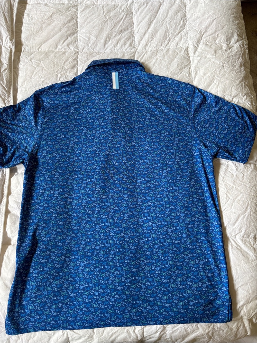 Rhoback Men's Navy and Light Blue Shark Pattern Polo - Picture 3 of 3